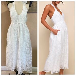 NWOT Lulus Delicate Sweetness White Floral Burnout Midi Dress With Pockets